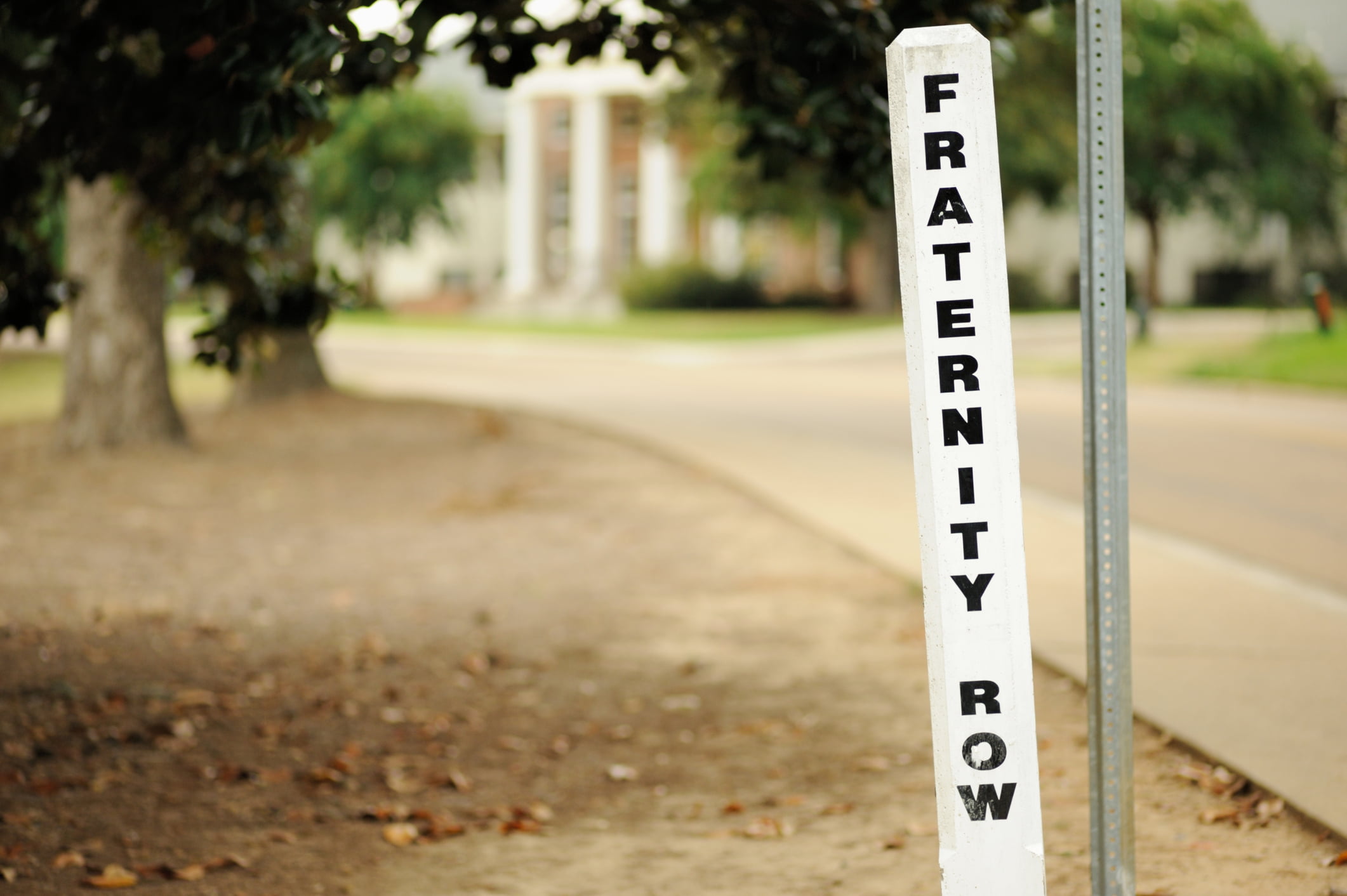 A sign on the street of a college campus sits by a curb.